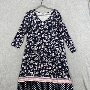 J.Jill A-Line Midi Dress Womens Size L Navy Floral Border Print Boho Cottagecore